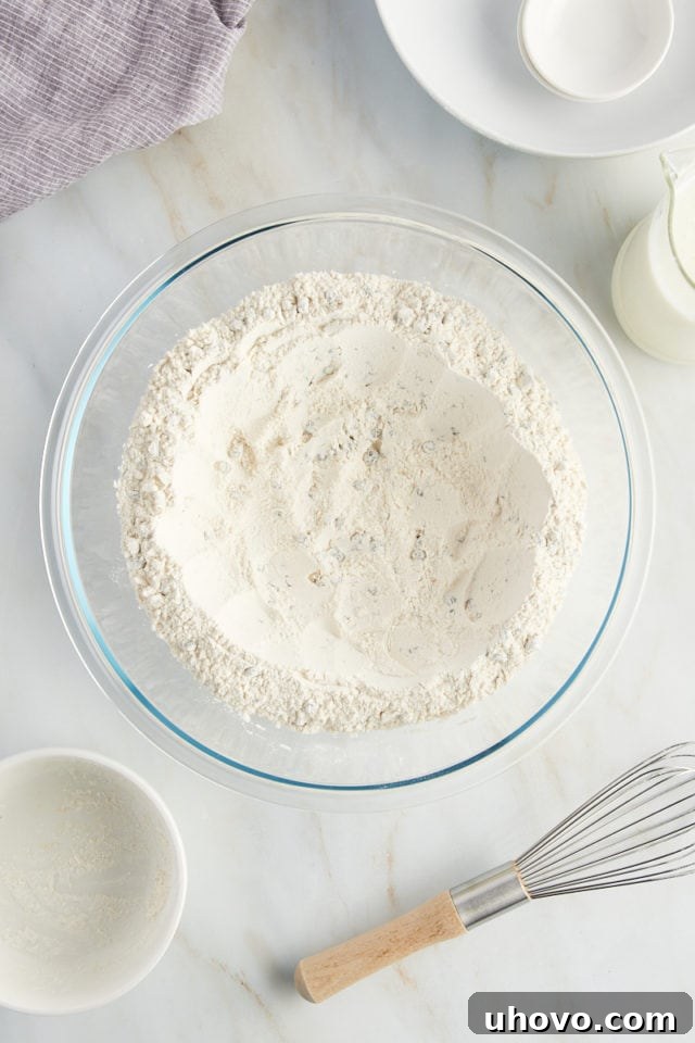 The blended dry ingredients for Irish soda bread have a neat well created in their center, ready to receive the buttermilk.