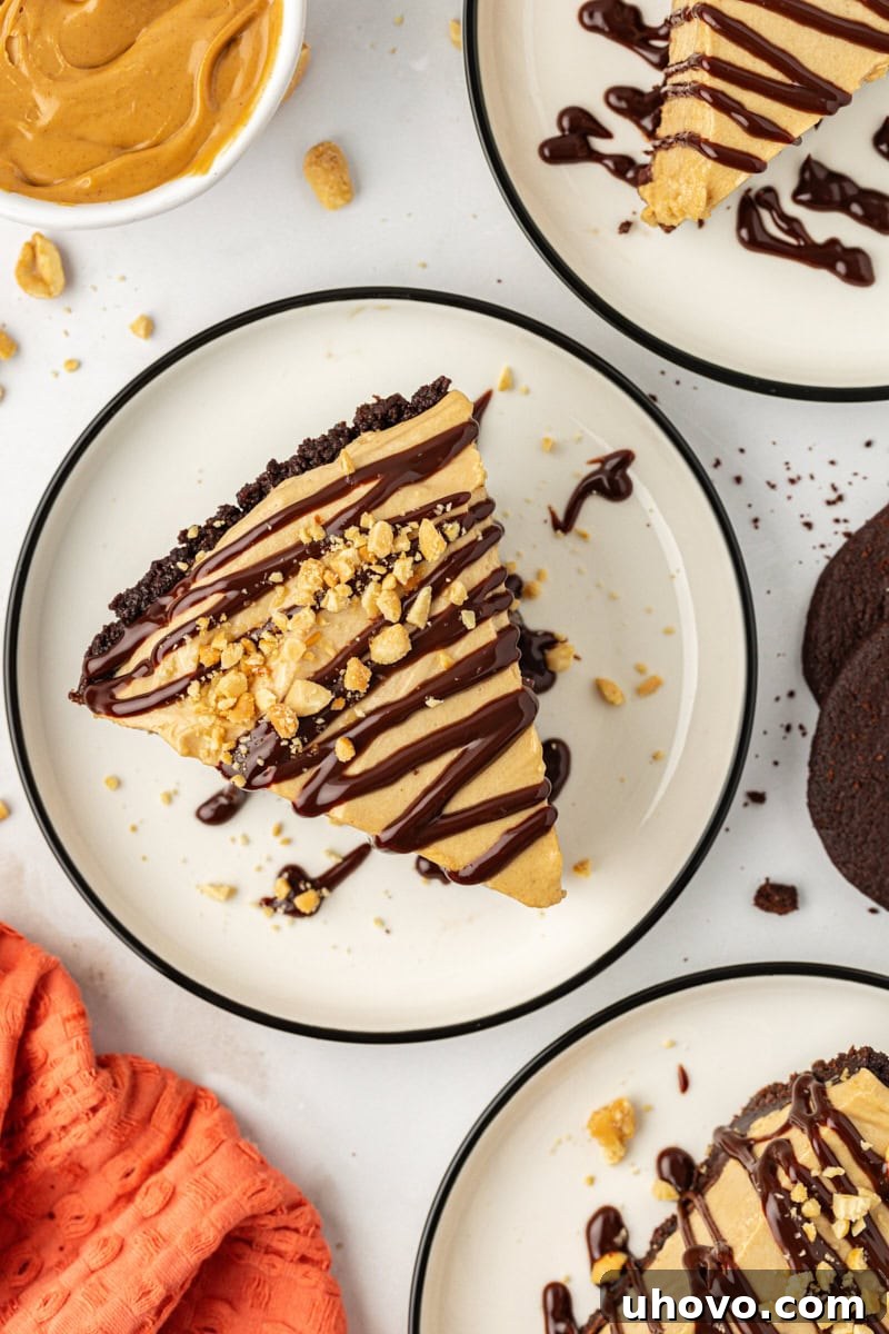 Overhead view of a slice of peanut butter pie on a plate, garnished with chopped peanuts and a rich chocolate drizzle.