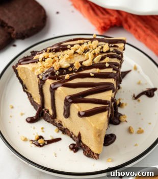Slice of peanut butter pie on a plate, topped with hot fudge sauce and chopped peanuts.