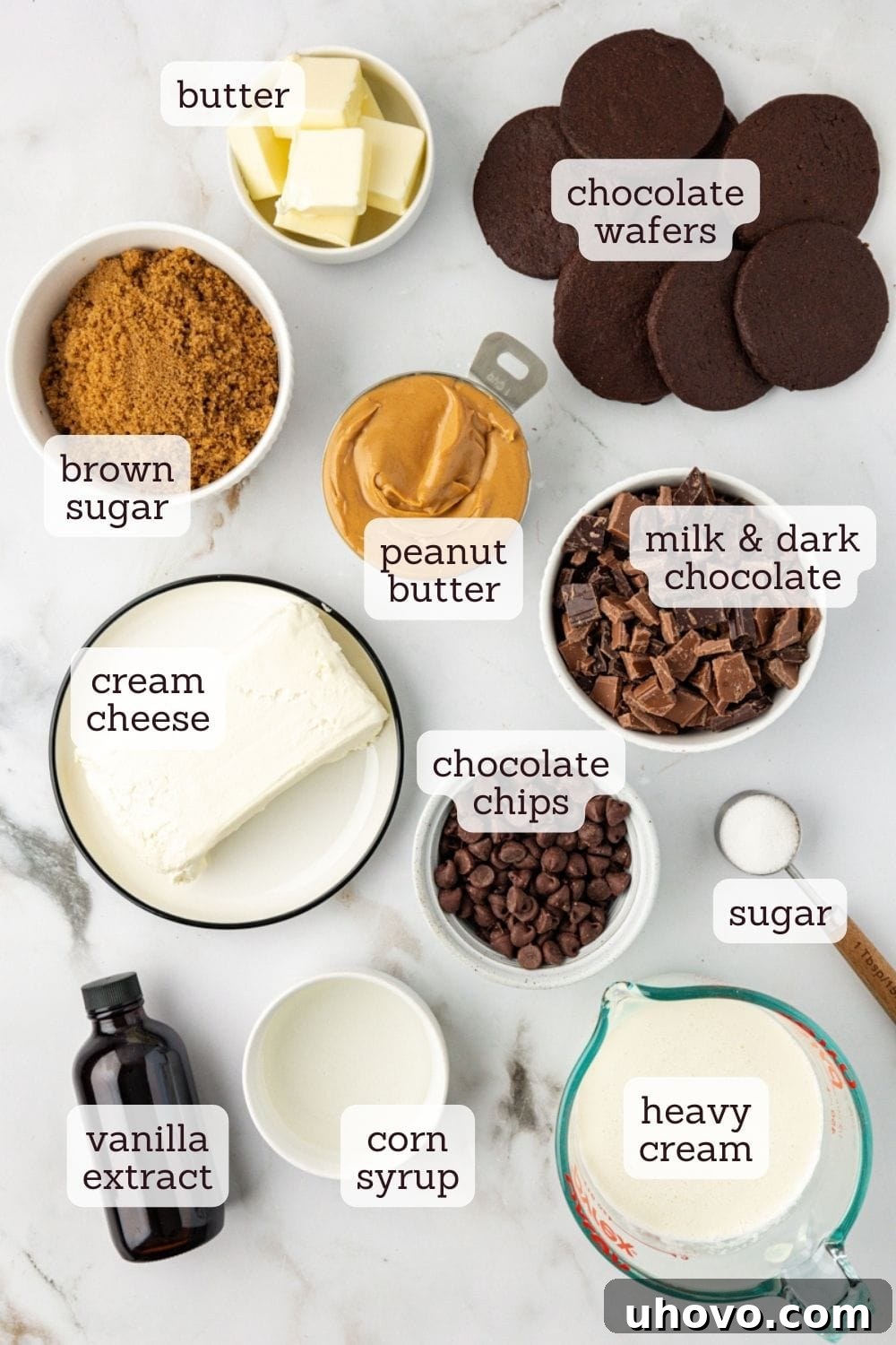 Overhead view of various ingredients for peanut butter pie laid out on a surface.