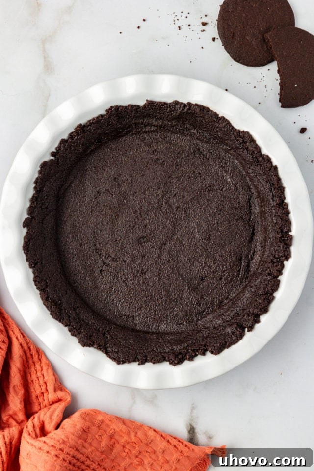 Chocolate cookie crust pressed into a pie pan