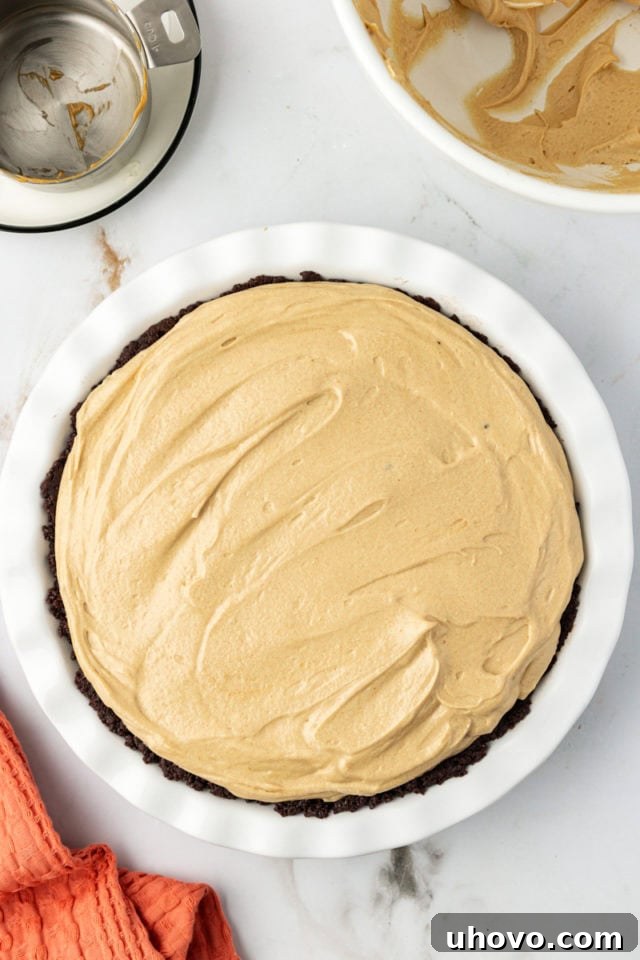 Peanut butter pie in crust before chilling