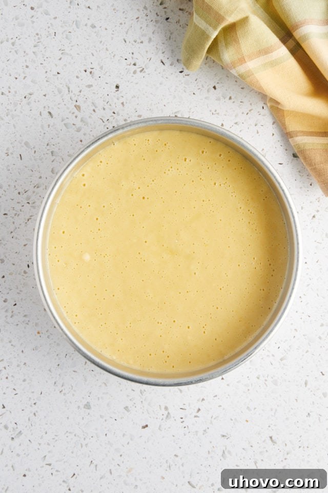 overhead view of olive oil cake batter in a round cake pan