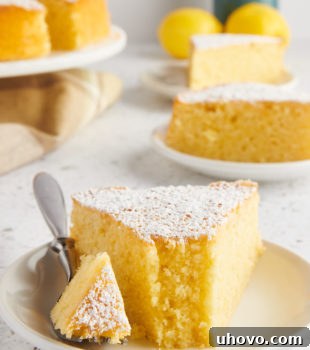 a slice of olive oil cake on a white plate with a bite on a fork; more cake and lemons in the background