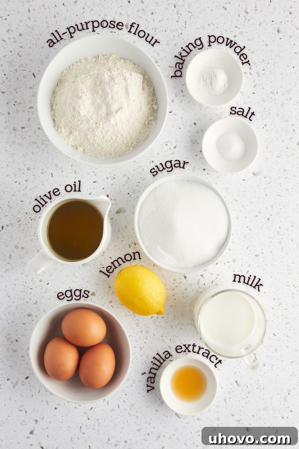 overhead view of ingredients for olive oil cake