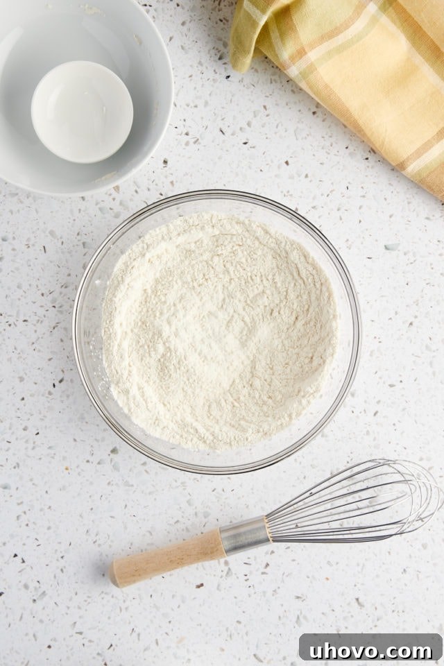 overhead view of mixed dry ingredients for olive oil cake