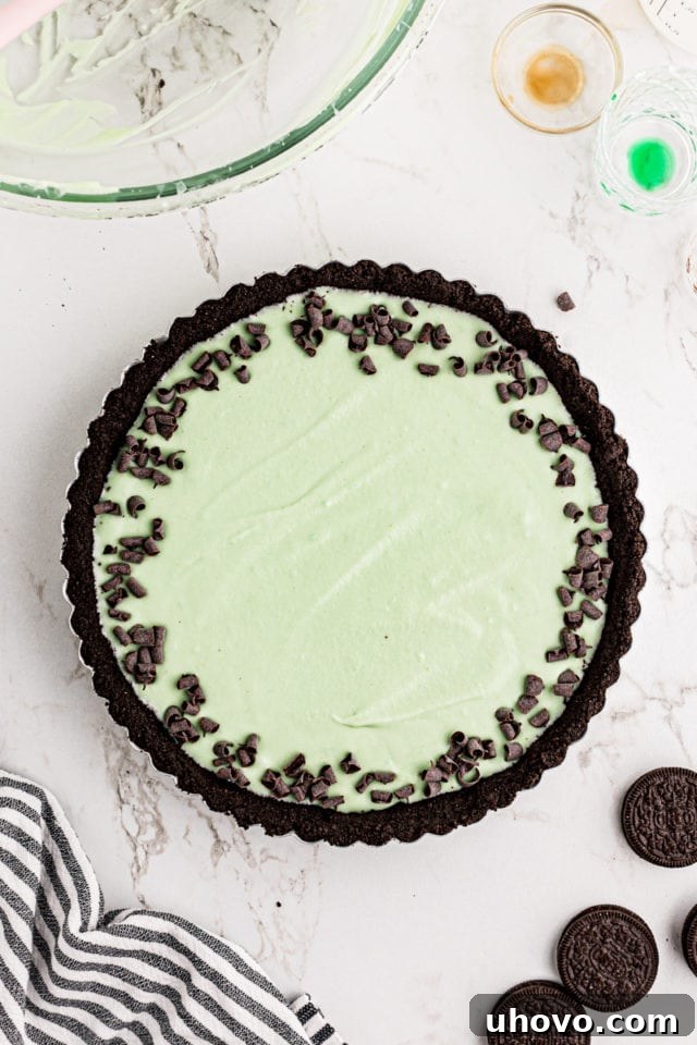 A stunning overhead view of the finished Grasshopper Pie in a tart pan, beautifully topped with delicate chocolate curls, chilling before serving.