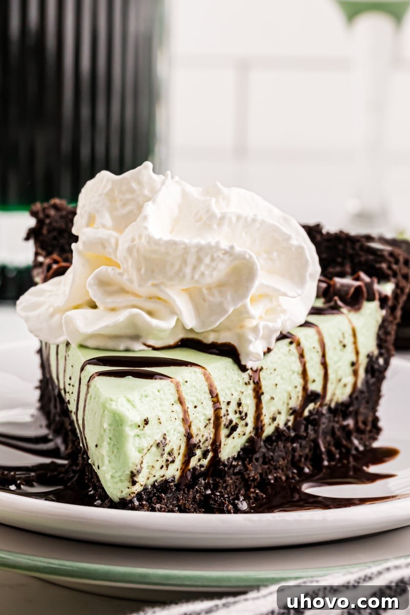 A luxurious slice of Grasshopper Pie on a white plate, sumptuously topped with whipped cream, elegant chocolate curls, and a drizzle of chocolate syrup.