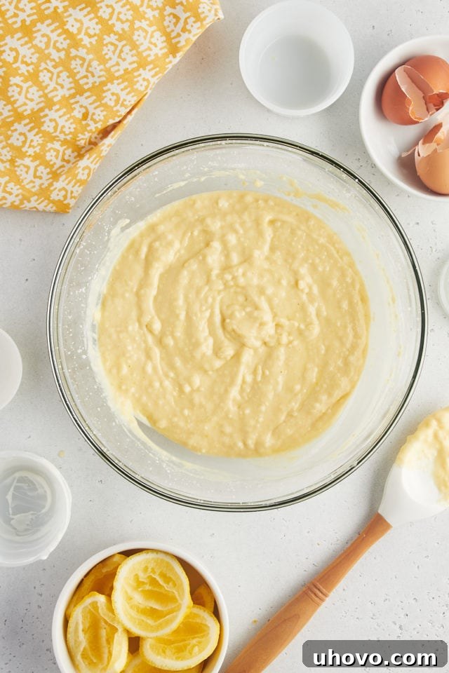 Overhead view of cake batter in bowl