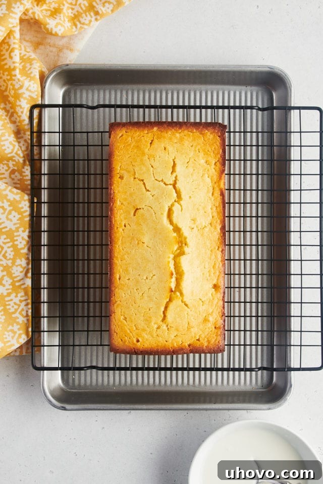 Overhead view of lemon loaf cake before adding glaze and zest