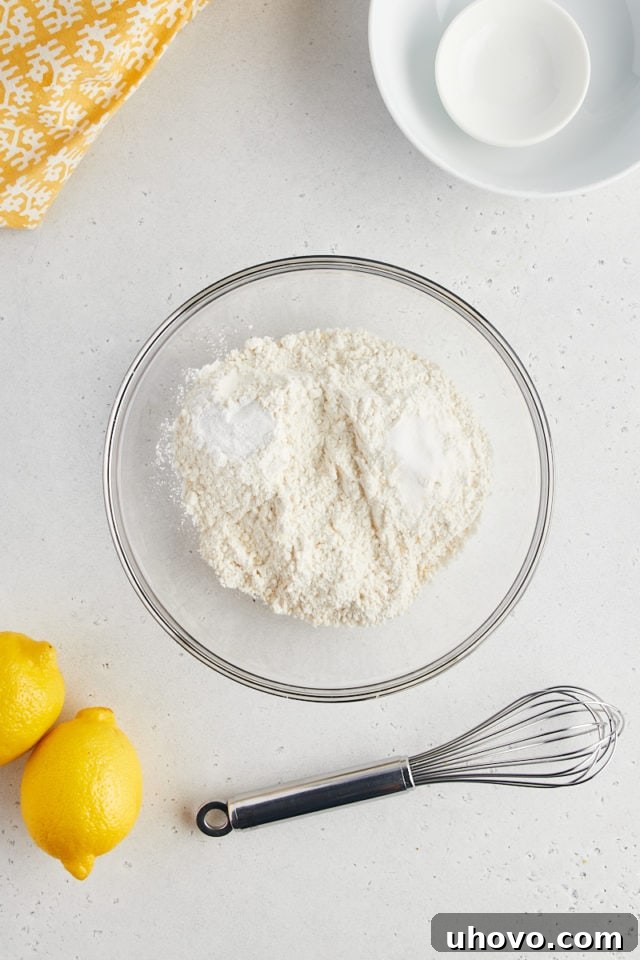 Overhead view of dry ingredients in mixing bowl before whisking