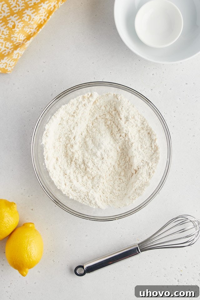 Overhead view of dry ingredients in mixing bowl after whisking