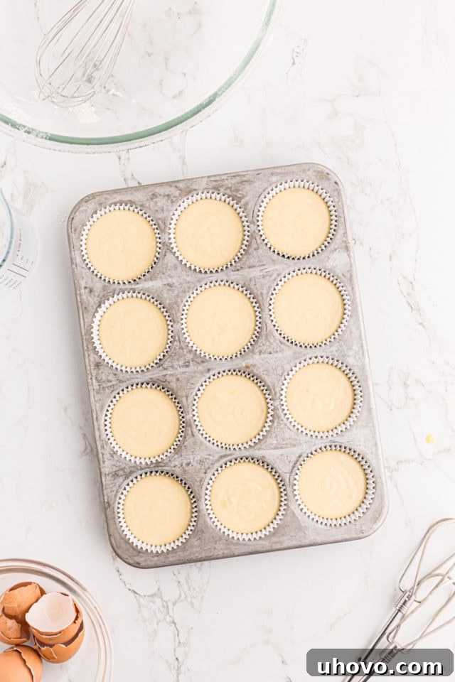 Overhead view of vanilla cupcake batter evenly distributed into a muffin pan lined with paper liners, ready for baking.
