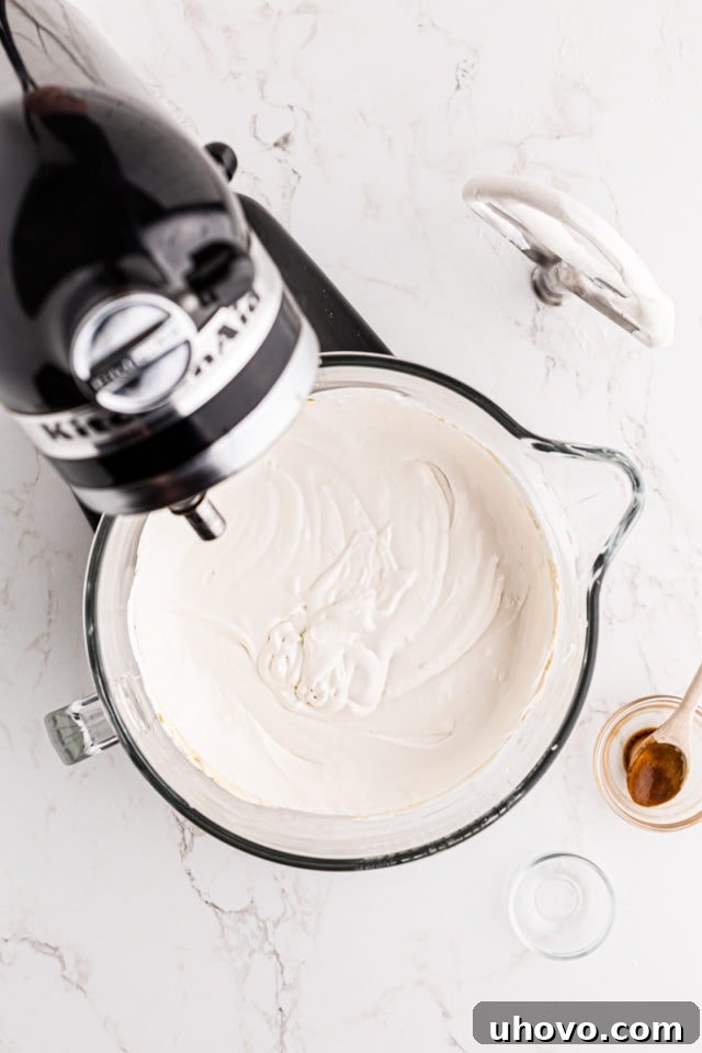 Overhead view of smooth, creamy Swiss meringue buttercream in the bowl of a stand mixer, perfectly whipped and ready to use.