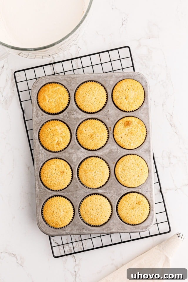 Overhead view of a tray of freshly baked vanilla cupcakes cooling on a wire rack, steam gently rising.