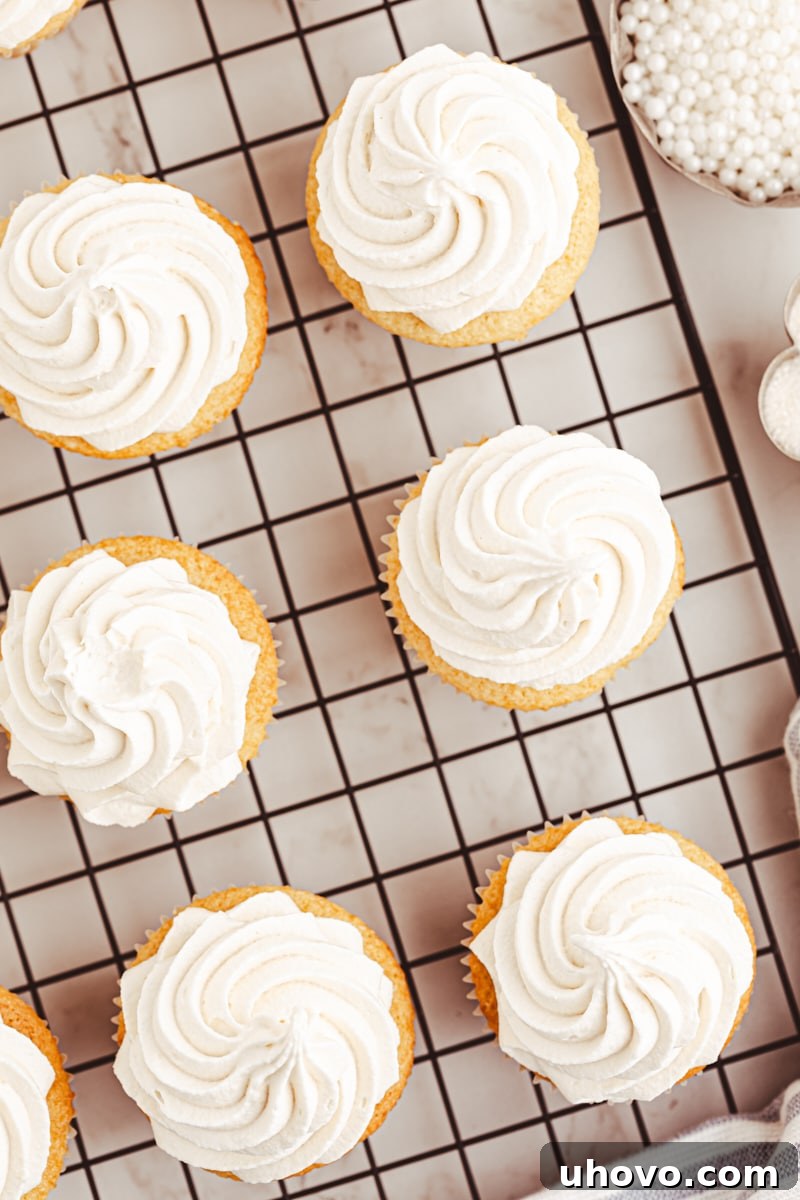Overhead view of a batch of freshly frosted vanilla cupcakes neatly arranged on a wire rack, ready for serving or storage.