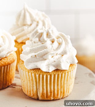 A vanilla cupcake on a wooden cake stand with more cupcakes behind, showcasing the finished dessert.
