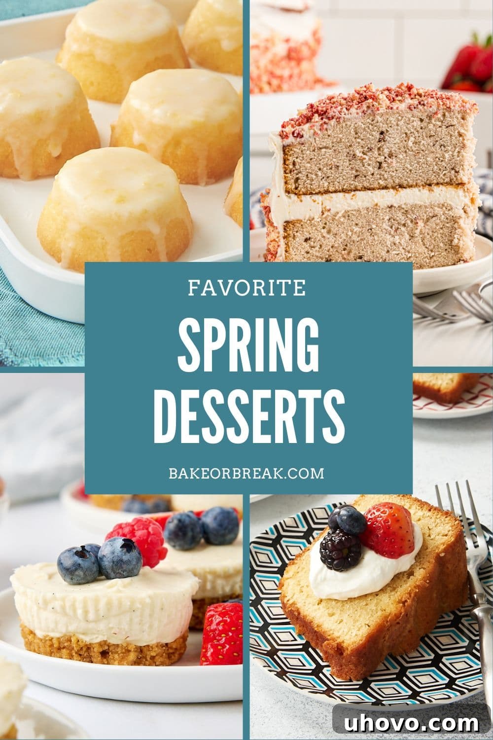 A vibrant collage of delectable spring desserts including mini lemon pound cakes, a slice of strawberry crunch cake, individual no-bake cheesecakes garnished with fresh berries, and a rich sour cream pound cake, with text overlay 'Favorite Spring Desserts'.
