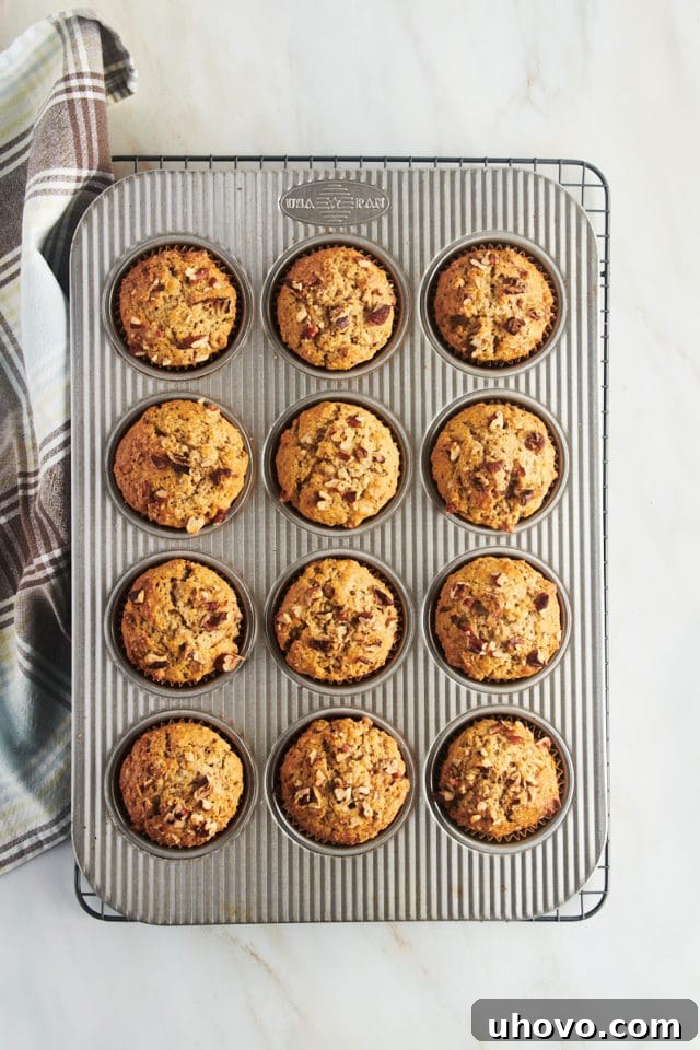 Overhead view of cinnamon pecan muffins in muffin pan