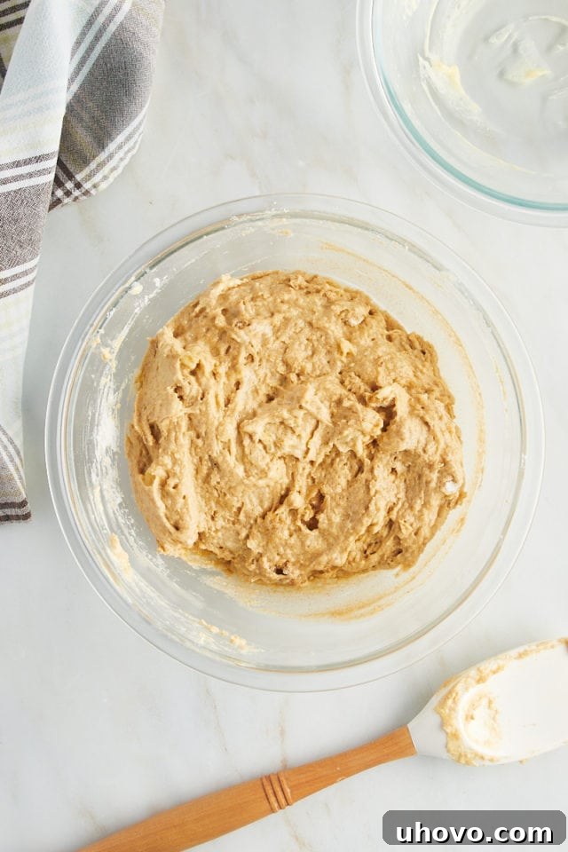 Overhead view of cinnamon pecan muffin batter in bowl