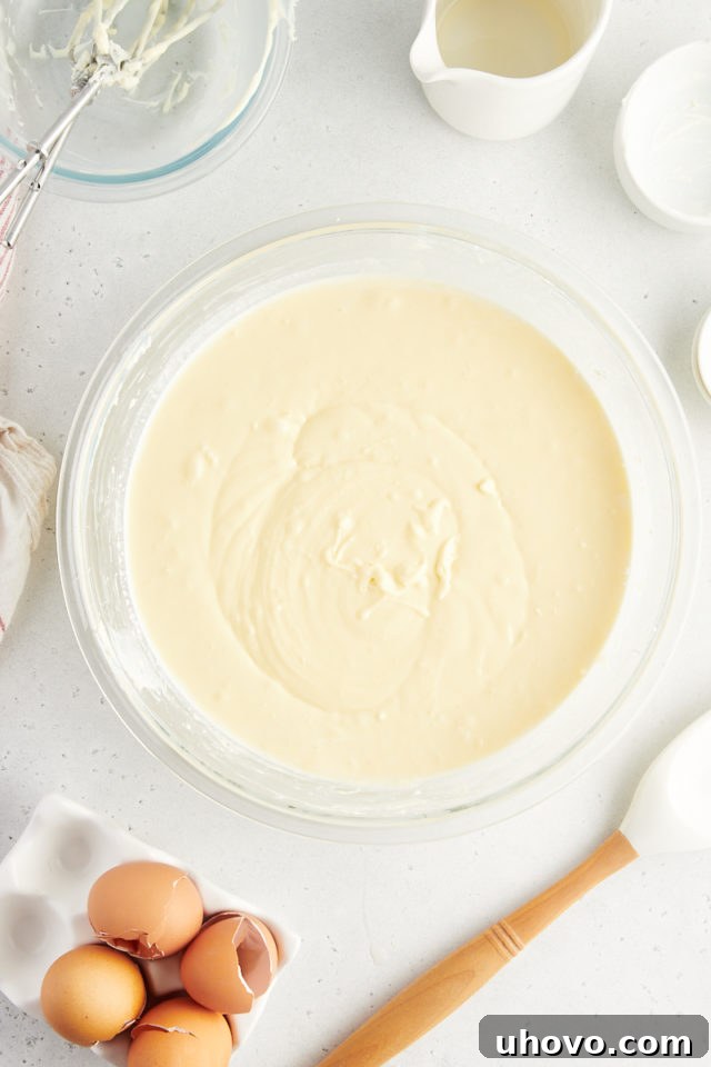 Overhead view of the fully mixed white chocolate cheesecake filling in a large mixing bowl, looking smooth, uniform, and ready to be poured.