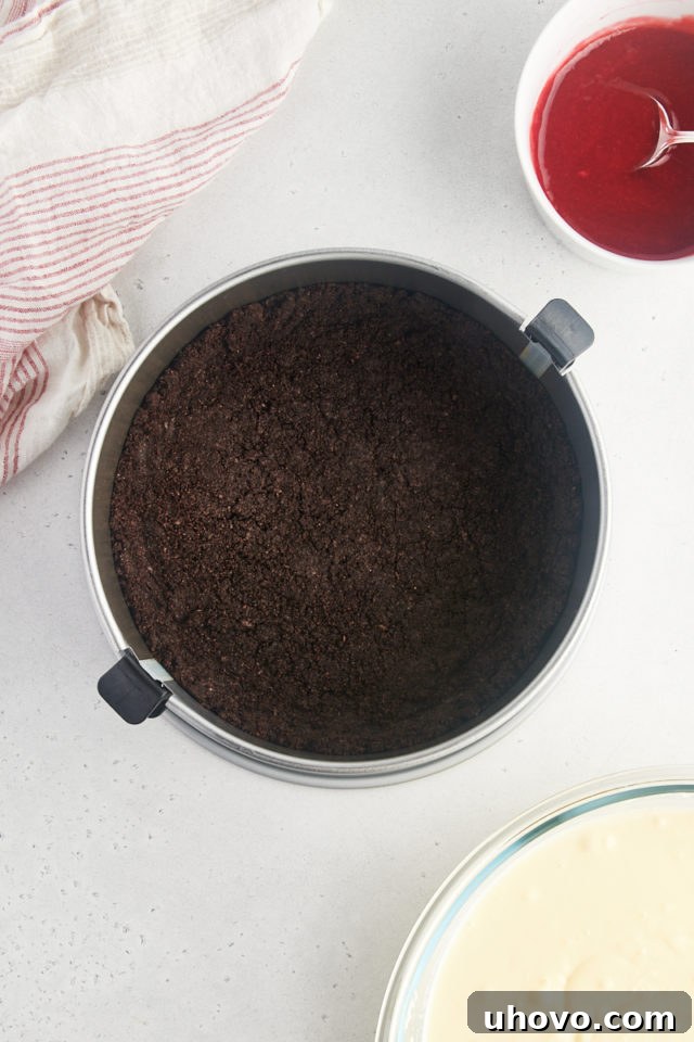 Overhead view of the perfectly cooled, pre-baked Oreo crust sitting patiently in a springform pan, ready to receive the creamy cheesecake filling.