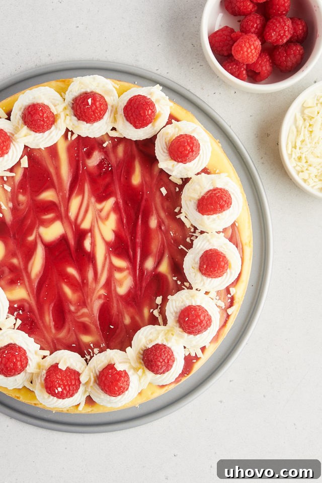 Overhead view of a beautifully decorated white chocolate raspberry cheesecake, adorned with fresh whipped cream rosettes, whole red raspberries, and delicate white chocolate shavings for an elegant finish.