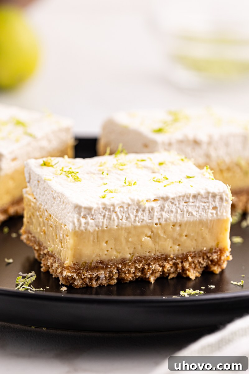 A single key lime pie bar served elegantly on a black plate, showcasing its creamy green filling and golden crust.