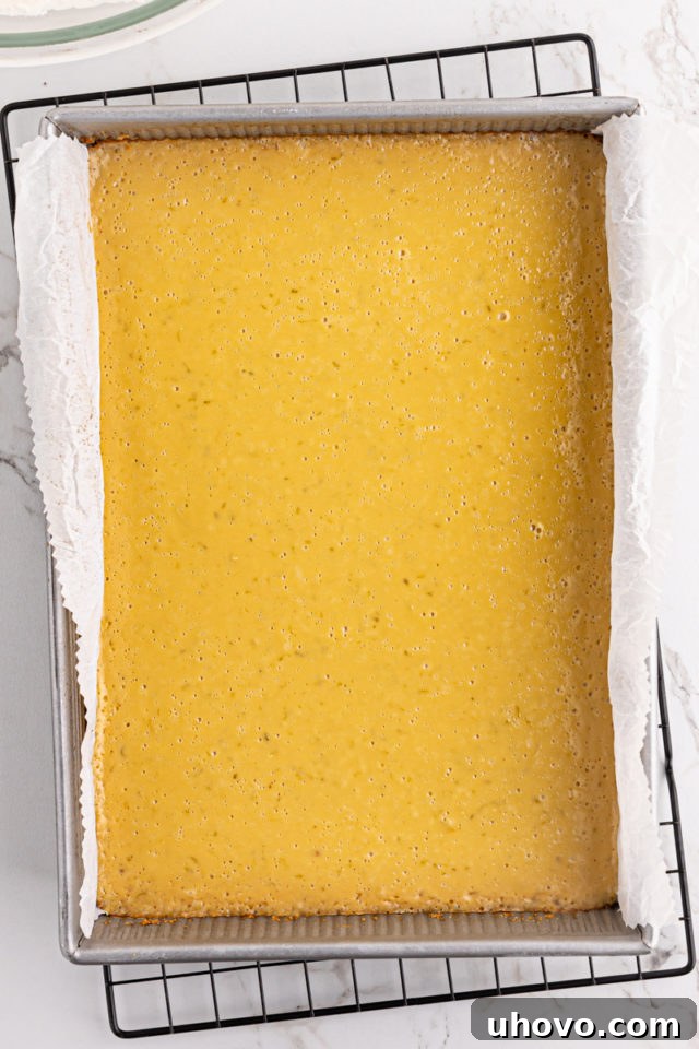 Freshly baked key lime pie bars in a baking pan, showing a set, slightly golden filling.