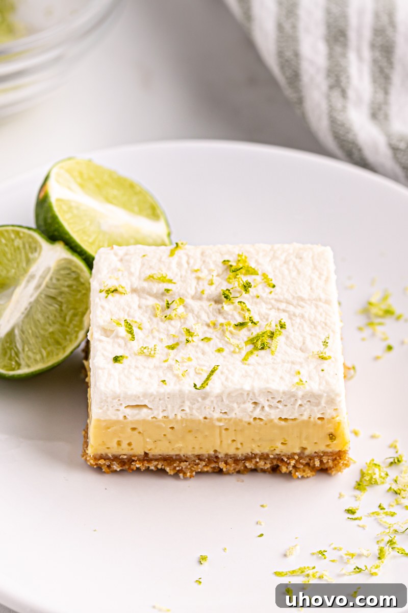 A single key lime pie bar on a small white plate, garnished with fresh lime wedges and a sprig of mint, ready to be enjoyed.