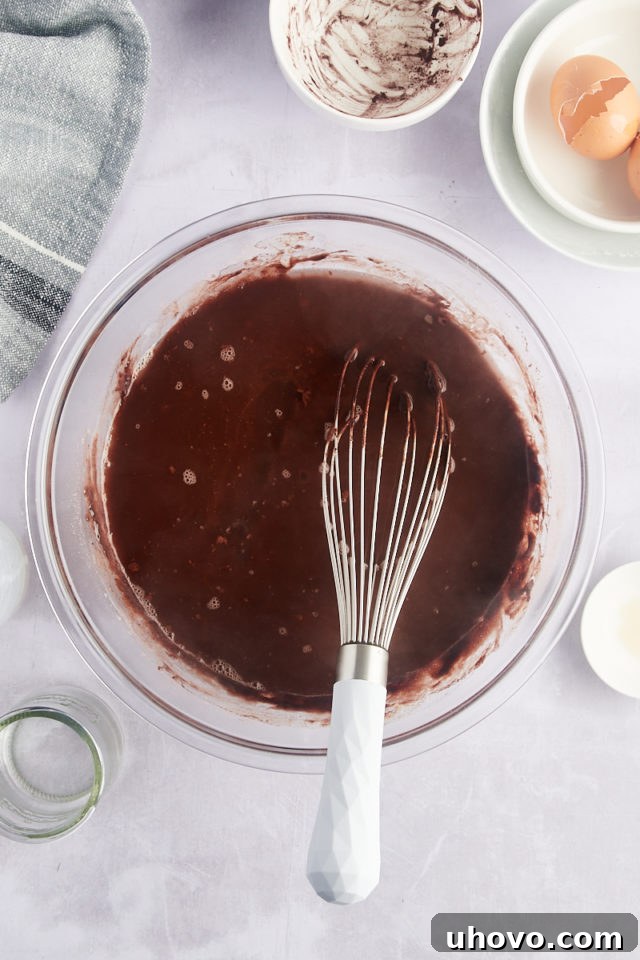 Overhead view of chocolate cake batter in bowl with whisk