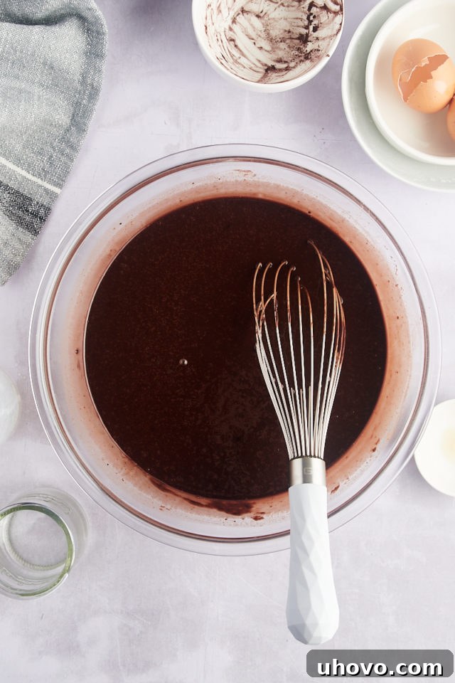 Overhead view of chocolate cake batter in bowl with whisk after adding water