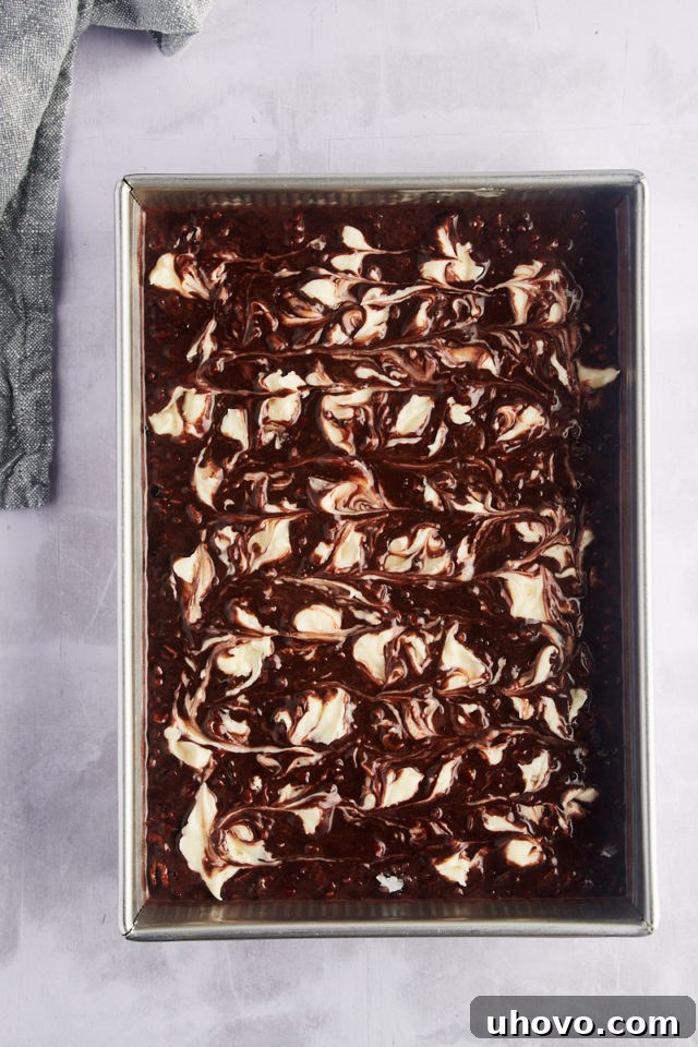 Overhead view of earthquake cake in pan before baking