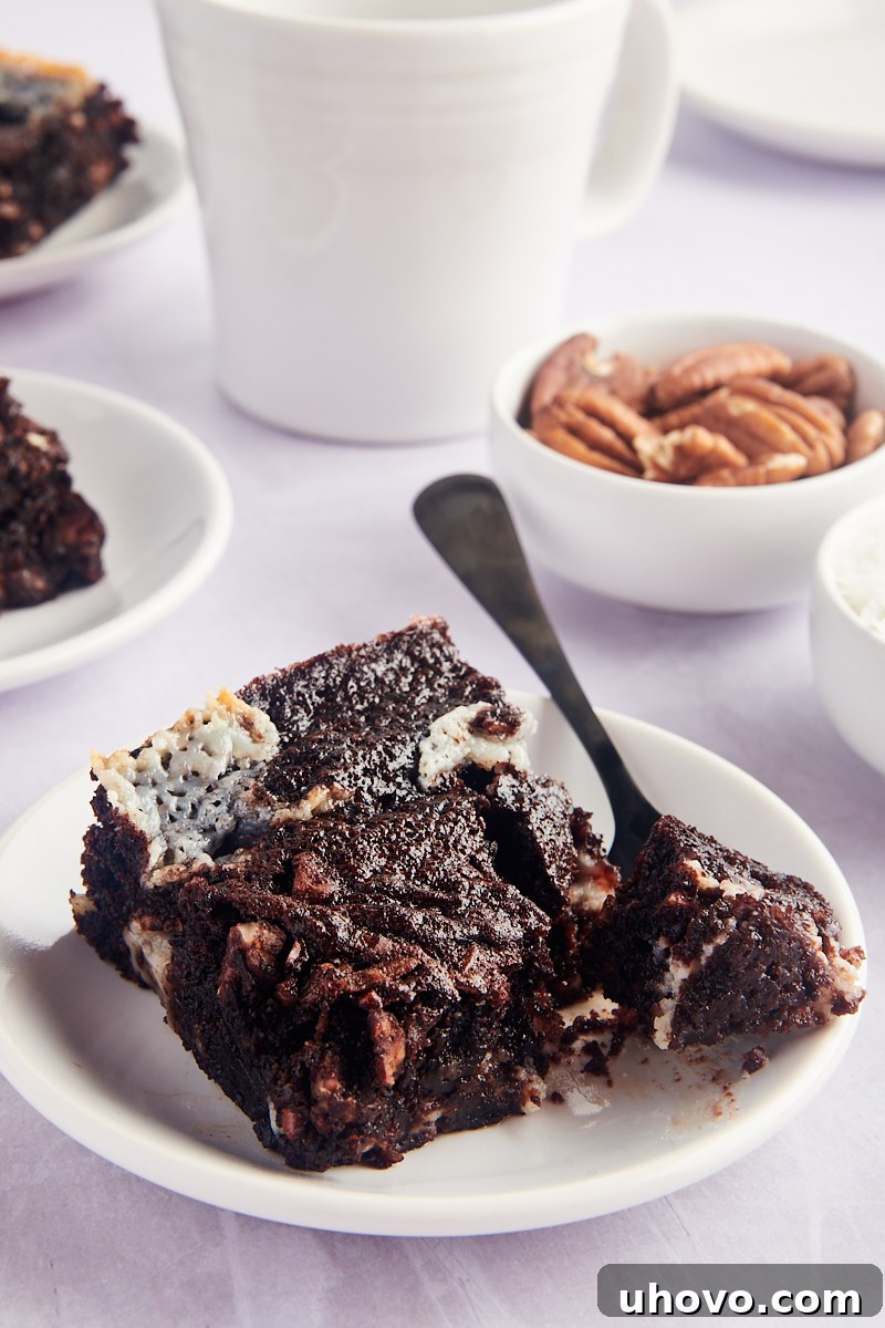 Piece of earthquake cake on plate with fork
