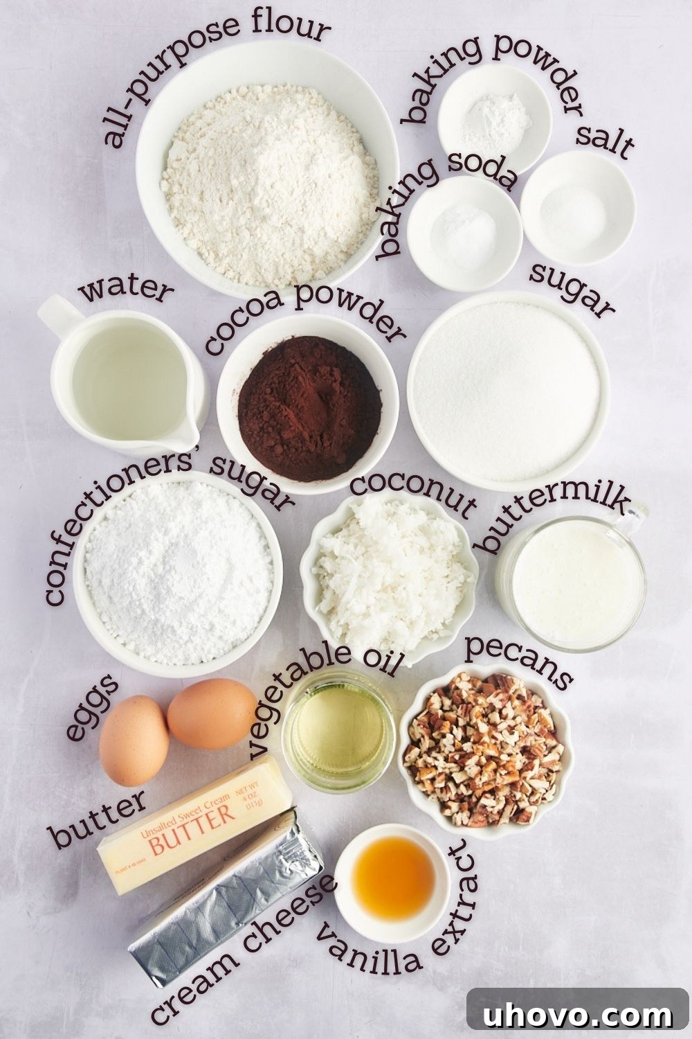 Overhead view of ingredients for earthquake cake with labels