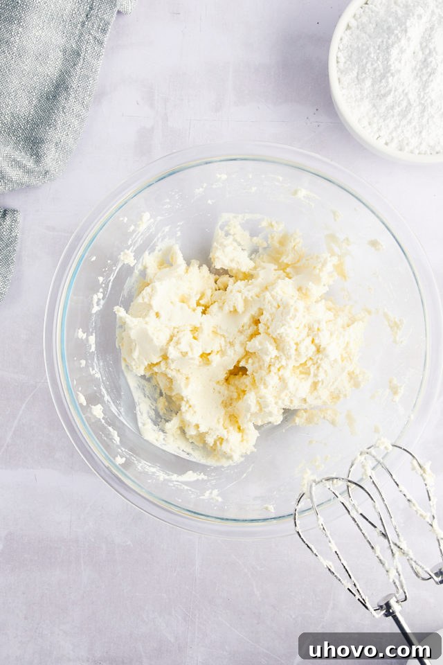 Overhead view of creamed butter and cream cheese