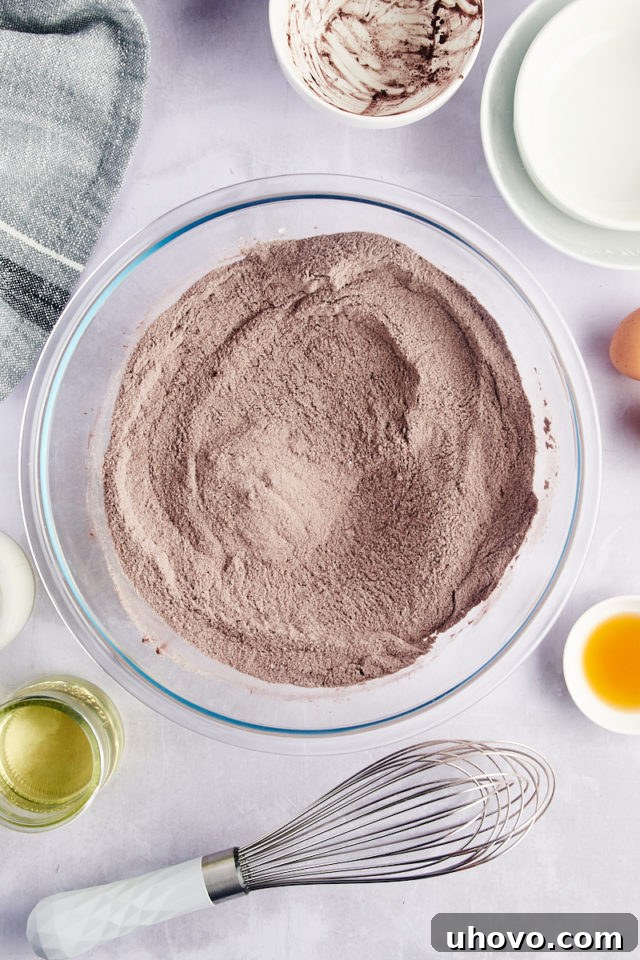 Overhead view of dry ingredients for earthquake cake