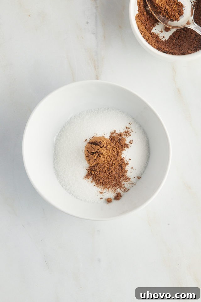 Overhead view of a small bowl with granulated sugar, to which a spoonful of mixed chai spices is being added.