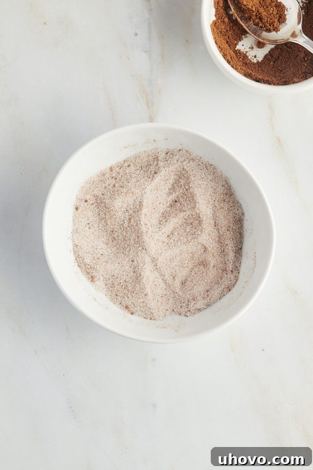 Overhead view of the spiced sugar mixture in a small bowl, thoroughly whisked and ready for rolling cookie dough.