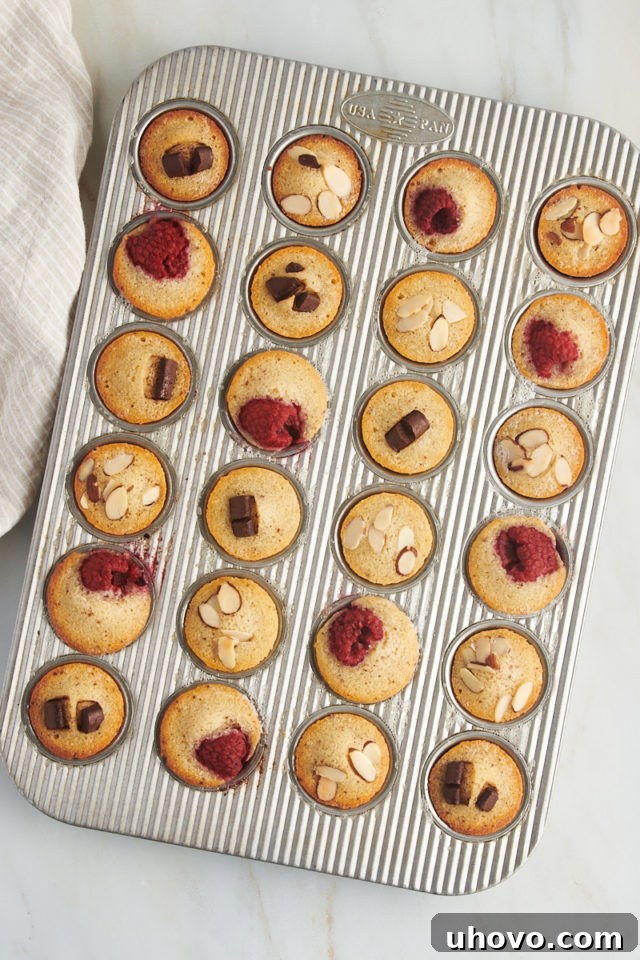 overhead view of freshly baked financiers in a mini muffin pan