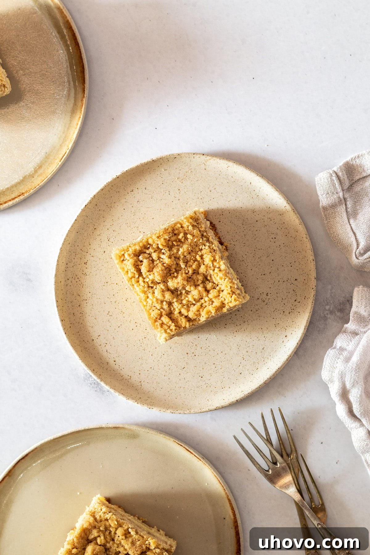 An inviting overhead view of freshly baked crumb cake slices arranged beautifully on plates.
