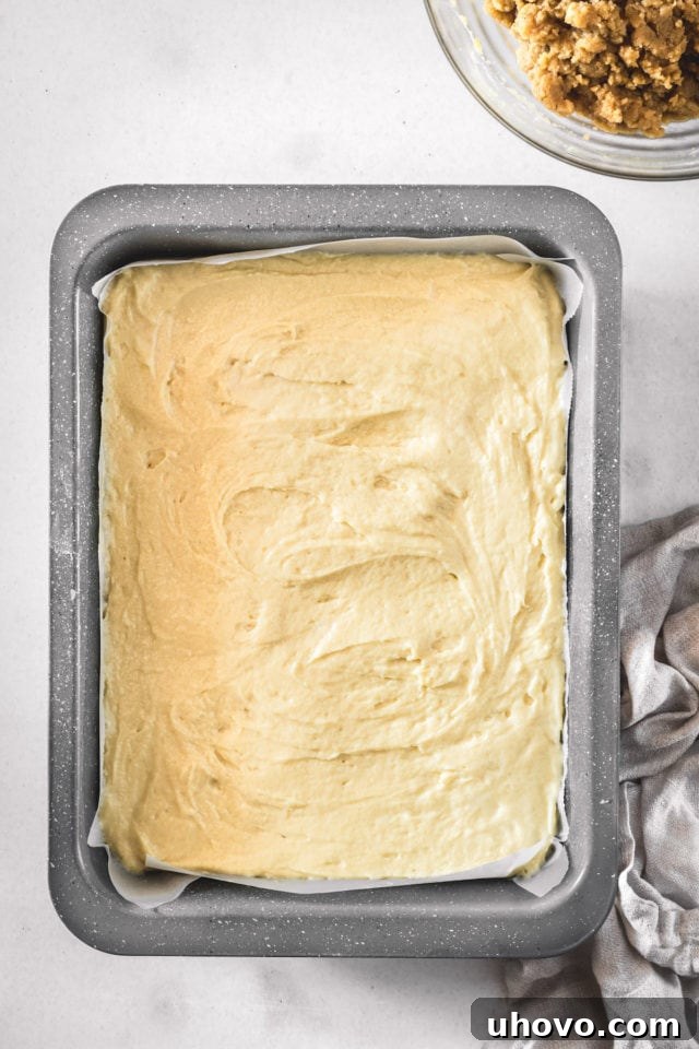Overhead view of the smooth cake batter evenly spread into the prepared 9x13 inch baking pan.