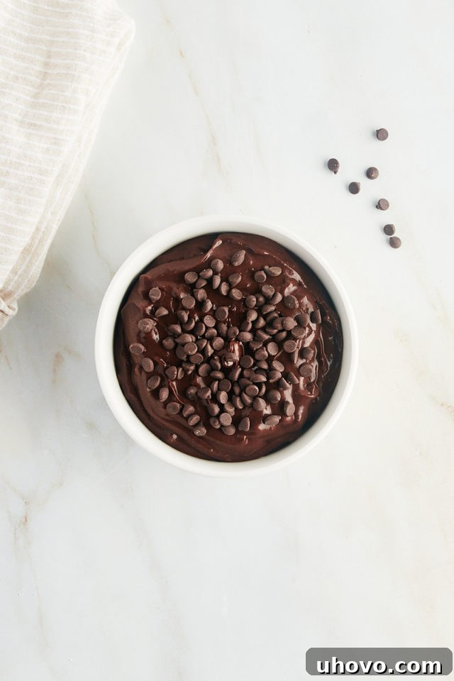 An overhead view of a white serving bowl filled with a rich brownie batter dip, generously topped with more mini chocolate chips.