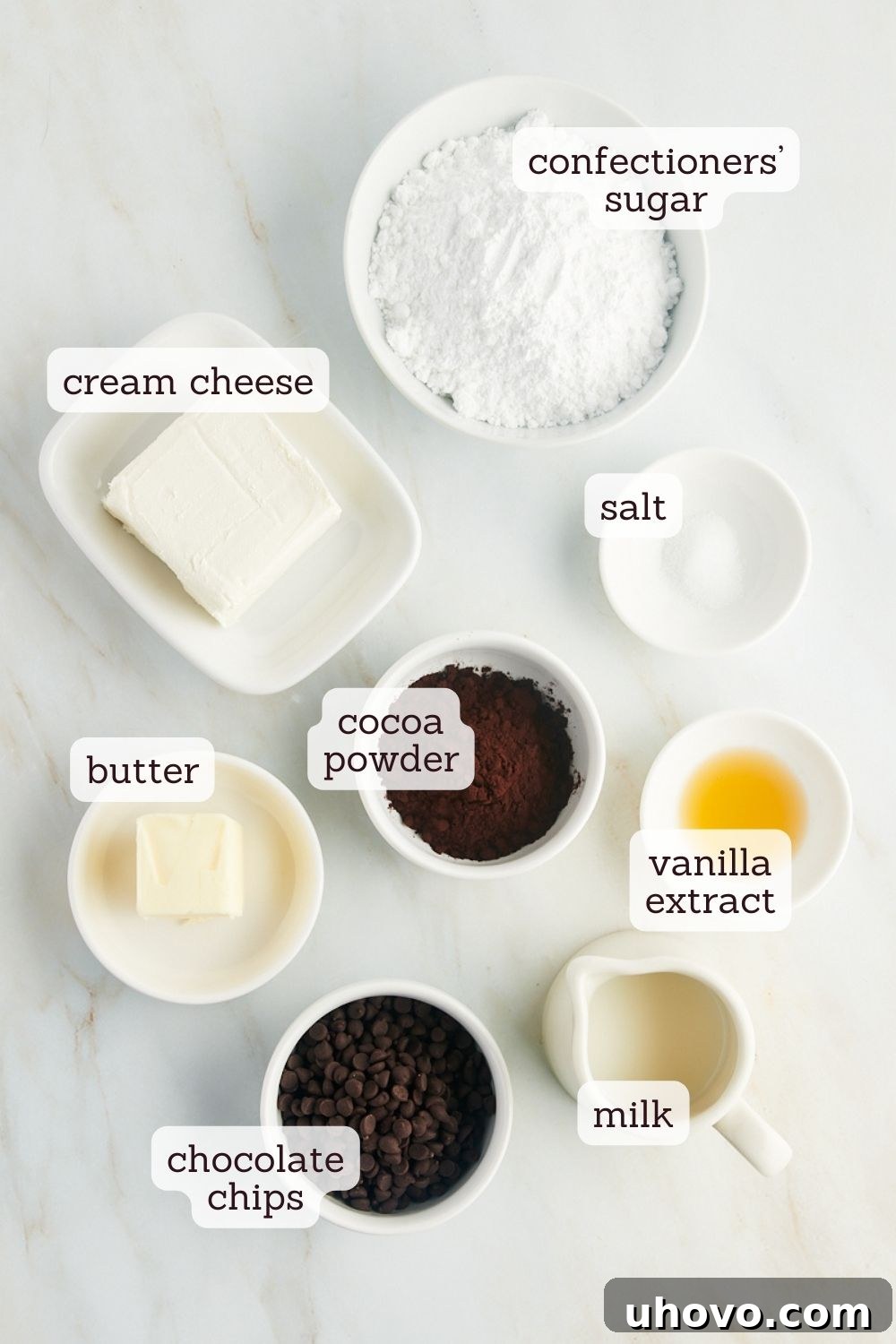 An overhead view showcasing the essential ingredients laid out for preparing the delicious brownie batter dip.