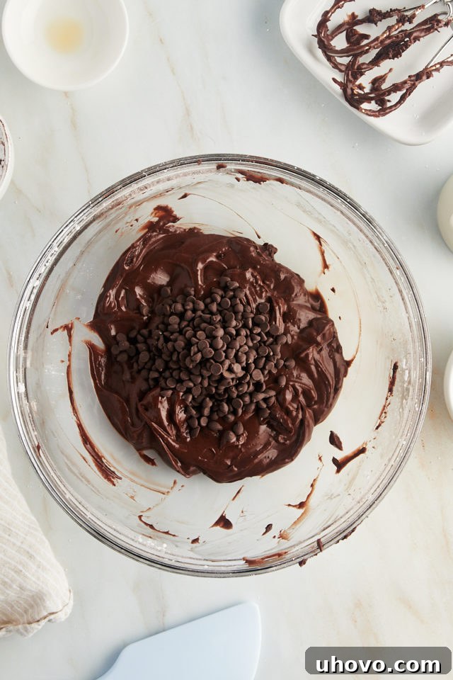 An overhead view of mini chocolate chips being gently folded into the smooth brownie batter dip in a clear glass bowl.