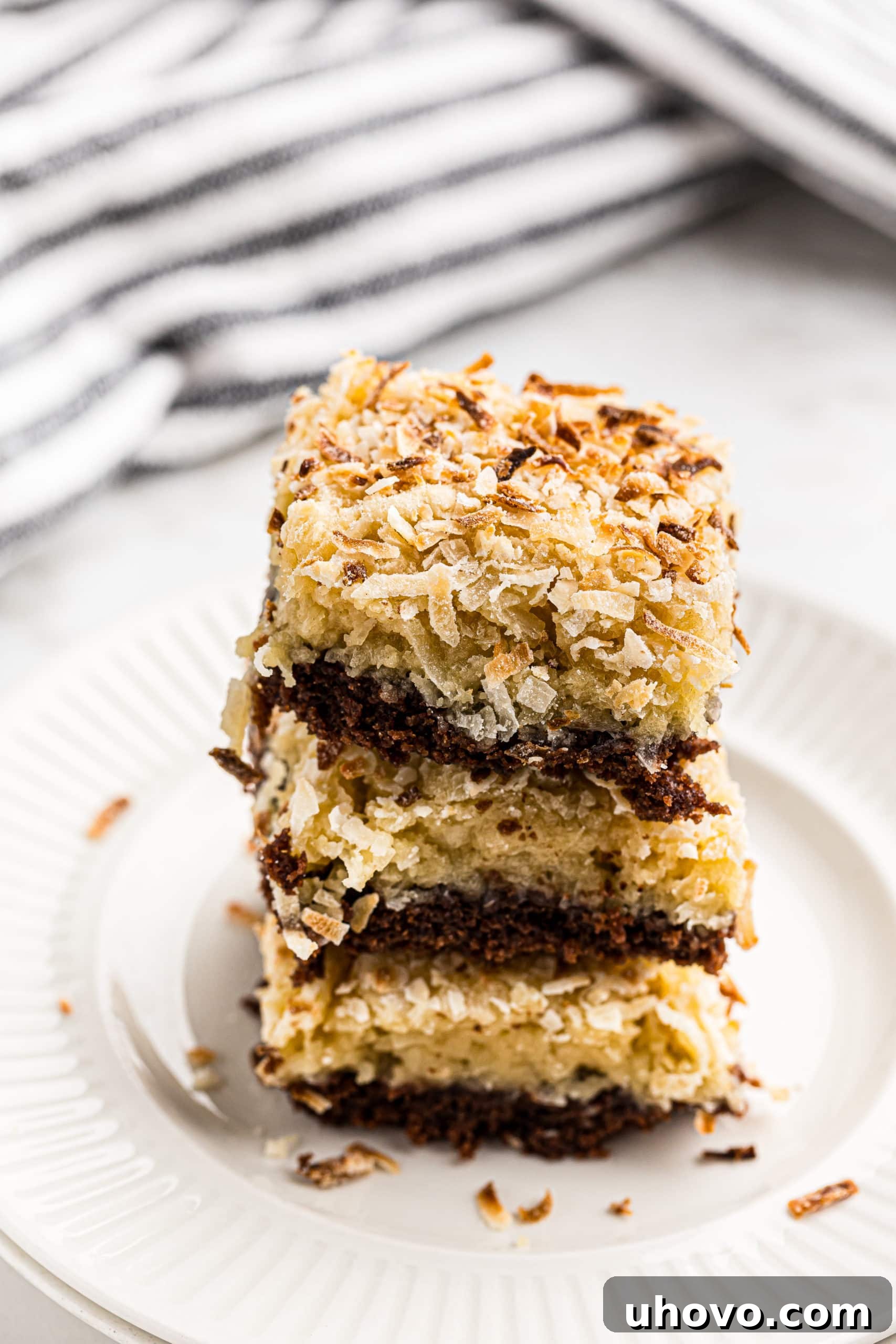 A stack of three Black-Bottom Coconut Bars on a white plate, showing the rich layers