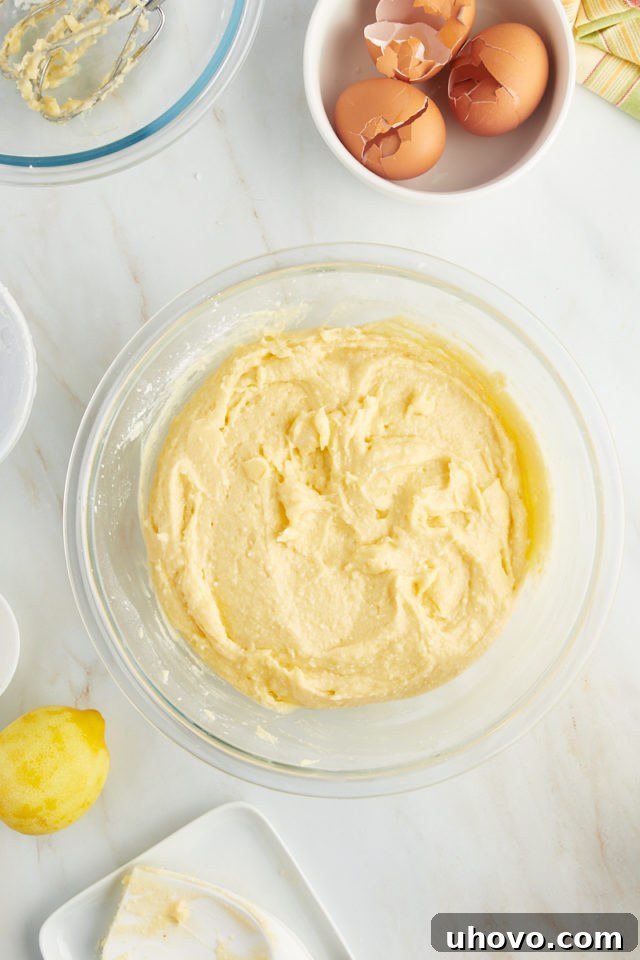 overhead view of smooth lemon ricotta cake batter in a glass mixing bowl after all ingredients are combined