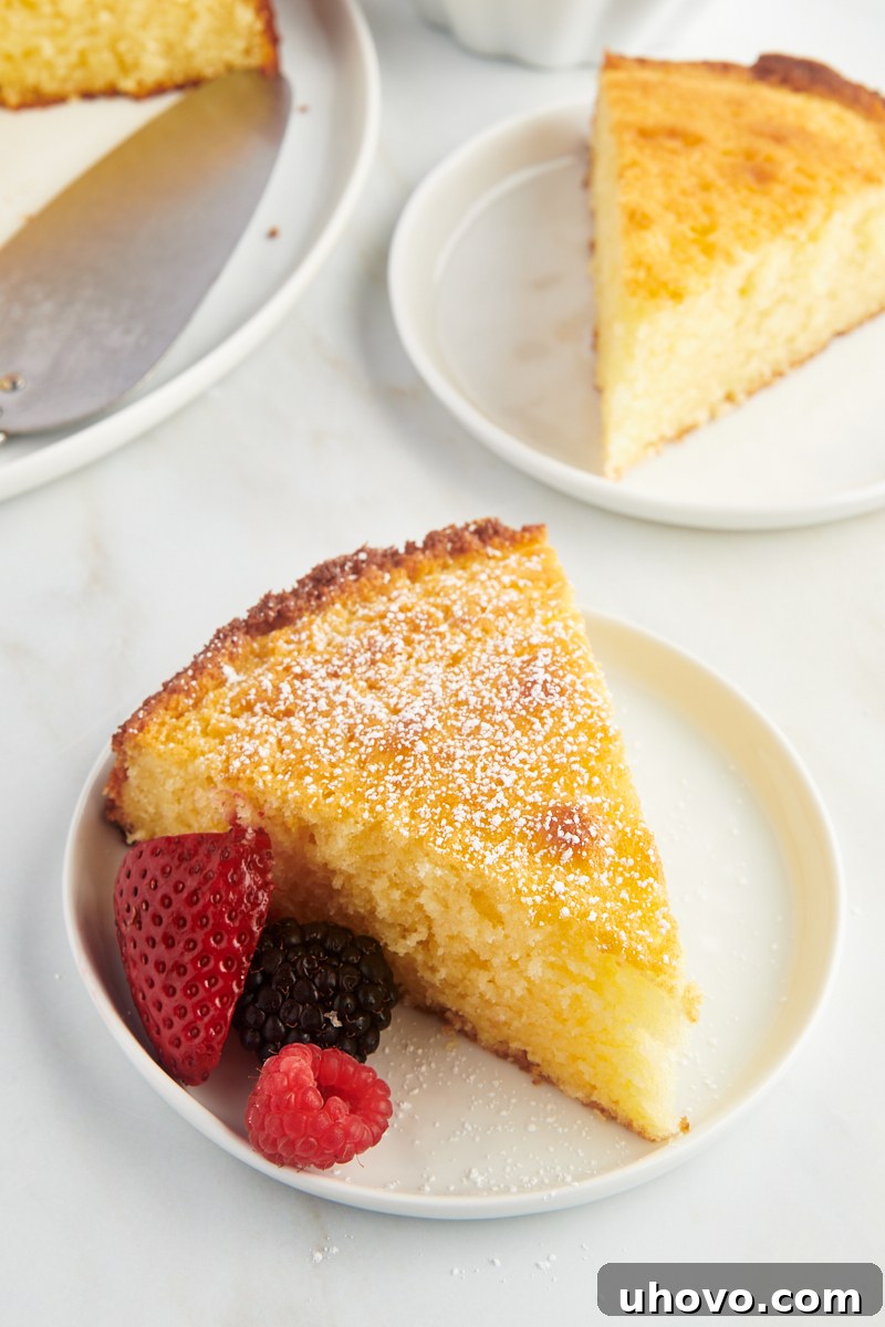 a perfectly sliced piece of lemon ricotta cake on a white plate, with the rest of the cake blurred in the background, highlighting its inviting texture