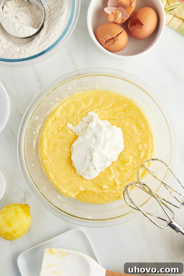 overhead view of creamy ricotta cheese being gently folded into the wet ingredients for lemon ricotta cake in a glass mixing bowl