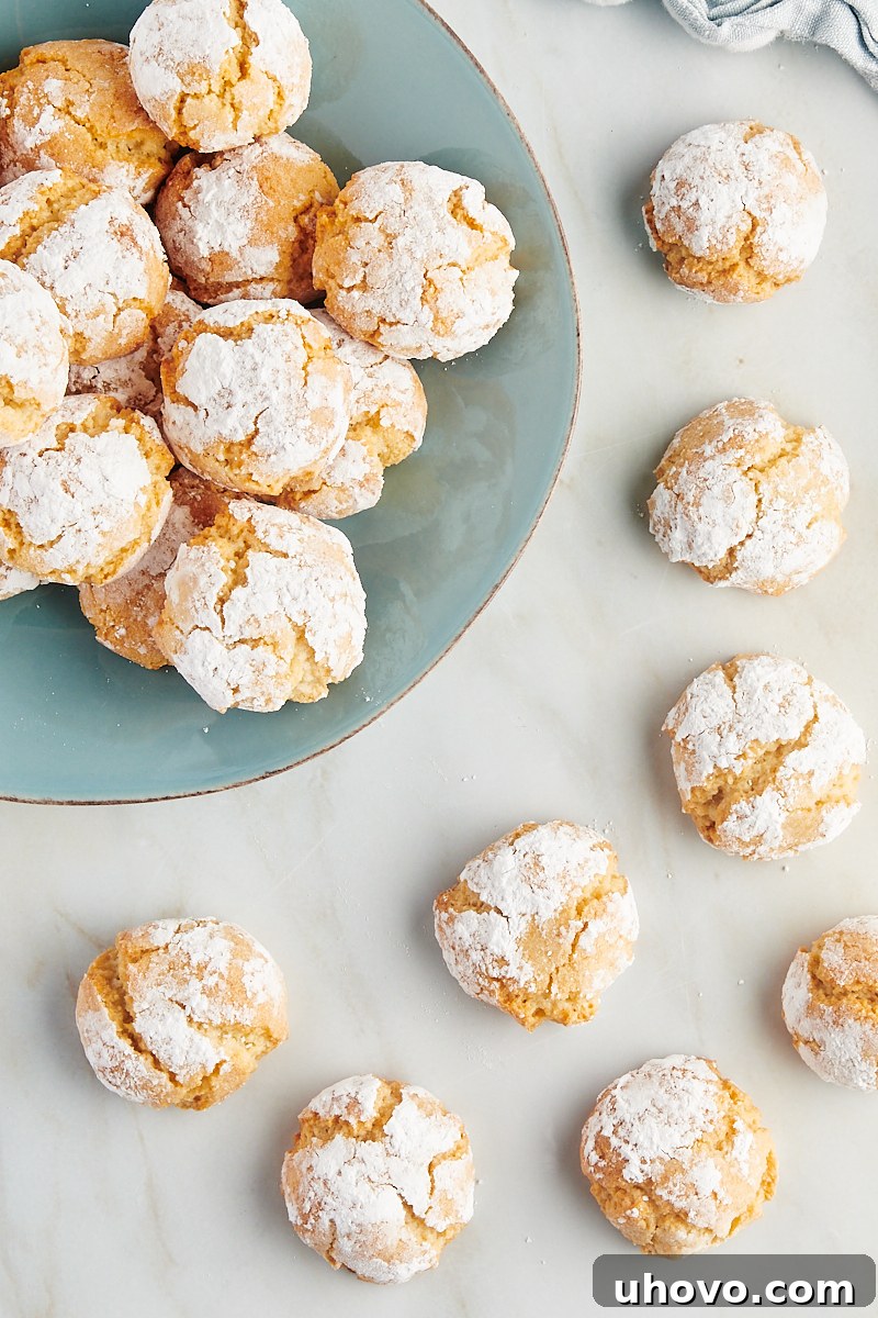 Overhead view of a small bowl filled with Amaretti cookies, with more cookies scattered on a rustic wooden countertop, ready for serving.